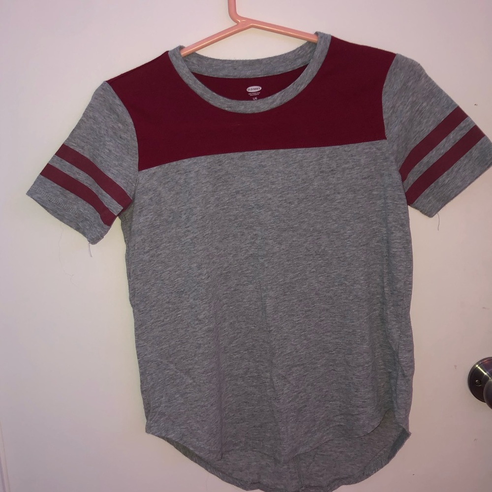 Maroon and Gray T-Shirt with stripes on sleeves